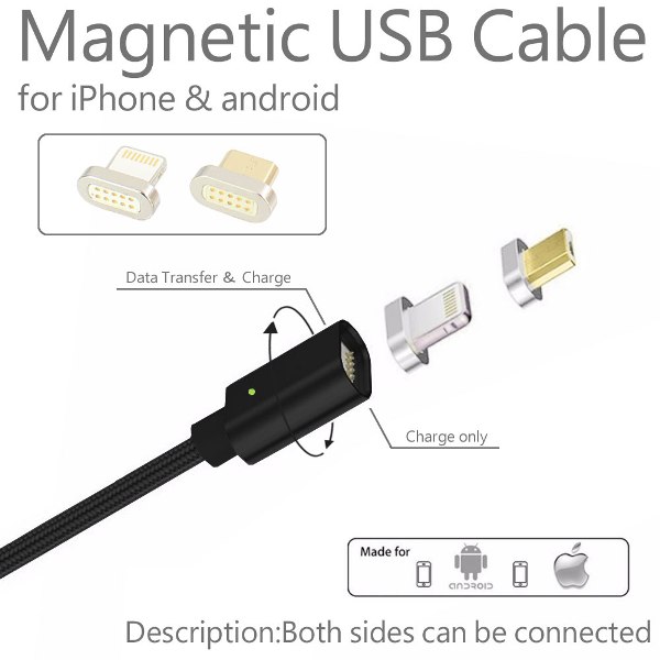 マグネット式 USBケーブル 20cm 充電/データ通信用 iPhone(Lightning)/Android(Micro USB)対応 ブラック 【スマートフォン アイフォン アンドロイド スマホ タブレット 端末に！】