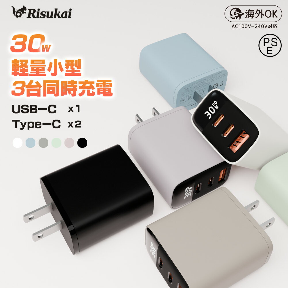 ★バイカラー★リスカイ Risukai PD30W急速充電器 充電器iPhone 急速 タイプc type-c ケーブル1m 充電器 PD 30W type-c…