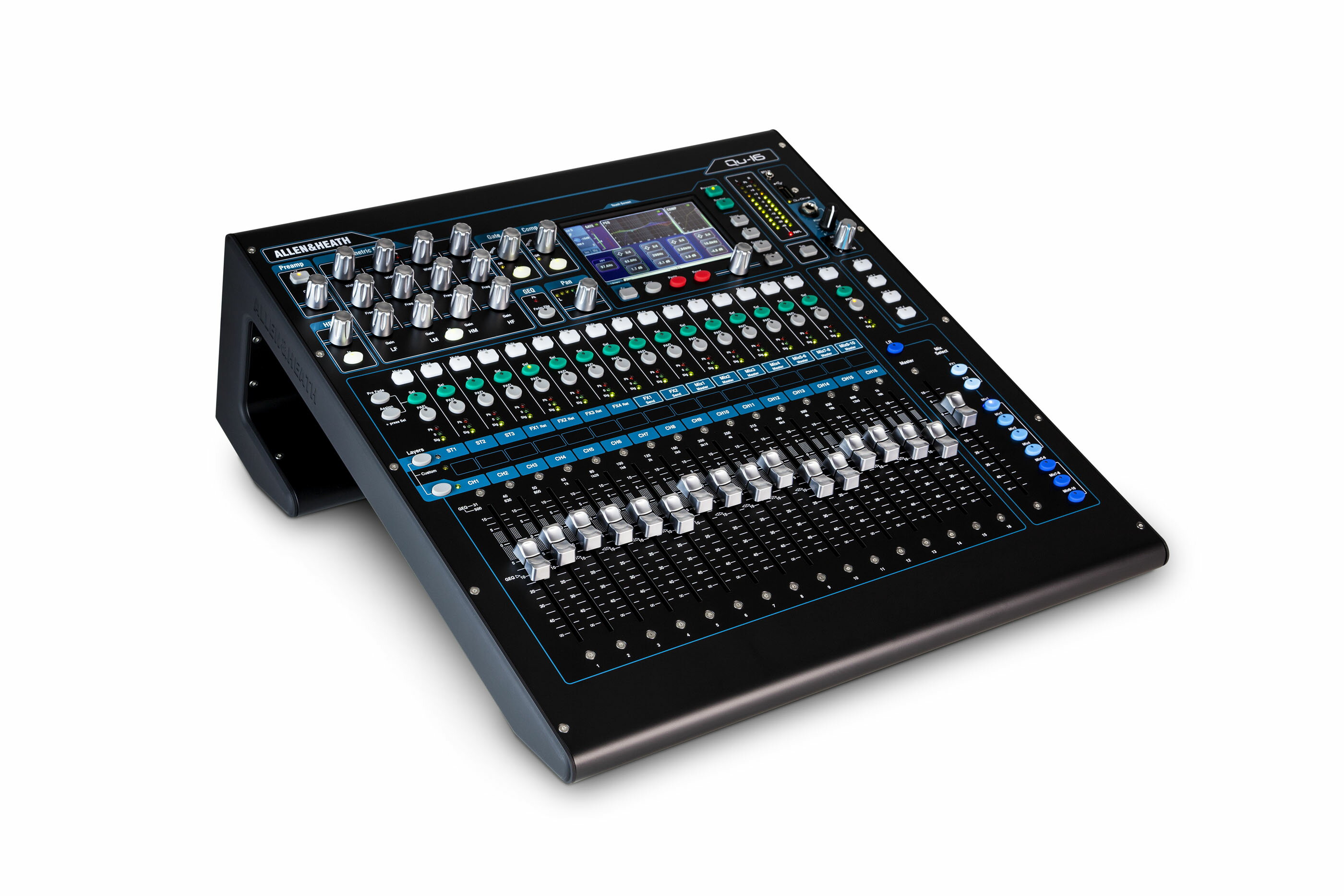 【Allen&nbsp;&amp;&nbsp;Heath】QU-16 デジタル・ミキシングコンソール ■デジタル・ミキシングコンソール,11Uラックマウント可(キットは別売) ■17フェーダー 4FX ローカルI/O：16モノ入力（XLR/TRS） 3ST入力（TRS） トークバック入力 4ミックスモノ出力 3ミックスST出力 1メインST出力（XLR） 1×2AES/EBU出力（XLR） 1ALT&nbsp;ST出力（TRS） 1×2TRK出力（TRS） コンソールライト用4ピンXLR USB-A（Qu&nbsp;Drive）,USB-B（24Send,22Returnオーディオインターフェイス） RJ45ポート（ネットワーク dSnake） ■寸法（W×H×D）：440×186×500mm 質量：約10kg ■QU-16C/JPX　