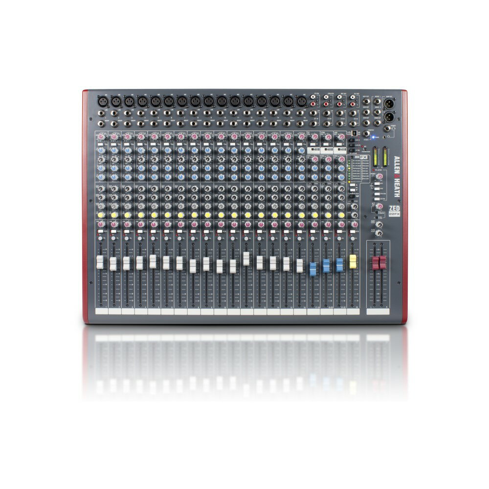 【Allen&nbsp;&amp;&nbsp;Heath】ZED22FX アナログ・ミキシングコンソール ■ZED&nbsp;Mid&nbsp;(2-Bus)エフェクター内蔵22chアナログミキサー ■22フェーダー(100mm) 10モノ入力(XLR,インサート用TRS付) RTN付3ST入力(TRS) 3AUX出力（TRS） Rec用出力(RCA) ALT出力(RCA) Main&nbsp;mix&nbsp;ST出力(XLR,インサート用TRS付)+モノ出力(TRS) ヘッドフォン出力(TRS+3.5mmミニ) 48Vファンタム電源搭載 デジタルエフェクター（1系統16プリセット） USB1.1オーディオインターフェス(USB-B:&nbsp;2IN 2OUT) フットスイッチ用ジャック（TRS） 寸法（W×H×D）：645×98×465mm 質量：約10.5kg ■ZED22FX/JPX　