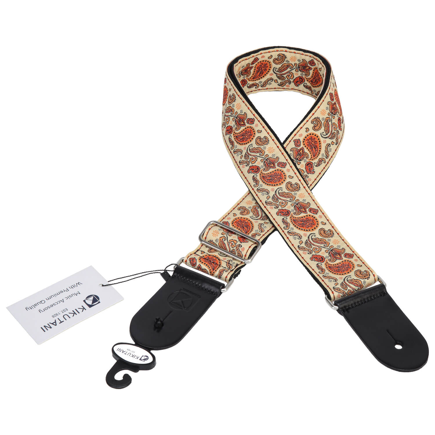 KSTR-314ギターストラップは、耐久性とスタイルを兼ね備え、あらゆるギターとファッションにマッチするデザインです。エスニックなジャガード生地を採用し、それにナイロン生地を組み合わせることで、見た目の美しさと実用性を高めています。滑りにくい設計でありながら、適度な滑りも可能で、自然と最適な演奏ポジションを保つことができます。 ■主な特徴 素材：高級感のある立体的なジャガード生地と耐久性に優れたナイロン生地の組み合わせ。 デザイン：エスニックなパターンが特徴で、多様なギターや服装に合わせやすい。 裏地：耐久性があり軽量なナイロンを使用し、滑りにくく、かつ自然な演奏ポジションの取りやすさを考慮。 調節機能：直感的に長さを調整できるメタルバックルを採用。。 エンドタブ：耐久性のあるカウハイドレザーを使用し、楽器へのダメージを最小限に抑える。 ■仕様 ・製品サイズ：950 ~ 1620 x 50mm ・製品重量：200g ■注意事項 ・レザーのケア：エンドタブに使用されているカウハイドレザーは、適切なケアが必要です。乾燥を避け、定期的にレザーコンディショナーでメンテナンスを行うことで、長く美しく使い続けることができます。 ・調節の確認：メタルバックルでの調節は便利ですが、設定後はしっかりと固定されているかを確認し、演奏中の不意のズレを防ぐために定期的なチェックが推奨されます。　