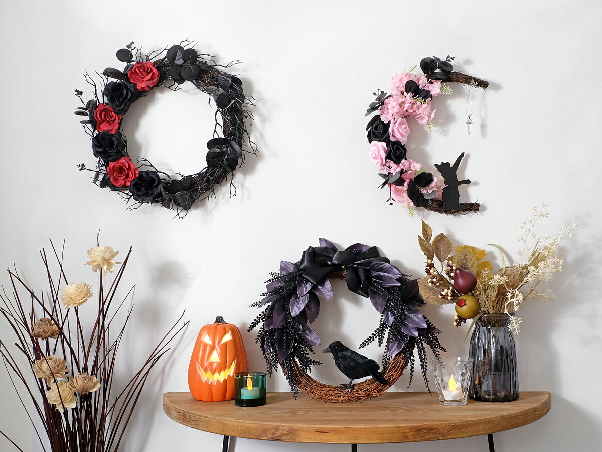 ハロウィンリース 全3種　ハロウィングッズ パーティーグッズ 置物 デコレーション お化け 可愛い オブジェ 装飾 飾り付け 店舗 Halloween ハロウィン オータム 30cm 壁掛け ドア 玄関 秋 リース ハロウィーン 猫 ネコ カラス オータム 収穫祭 雑貨 ウォールオブジェの商品画像 3