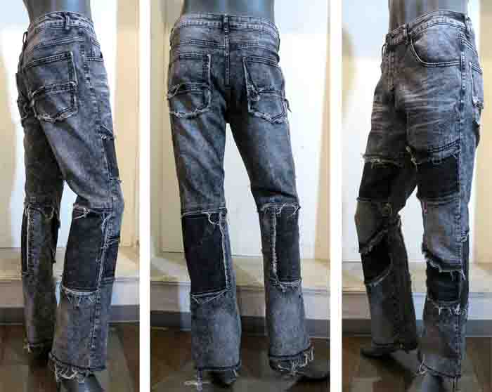 パッチワークデニム カットオフ フリンジ グレー系 メンズ ジーンズ ブラックデニム アメカジ ダメージ クラッシュ パンク ロック ヴィジュアル系 ウエスタン ロカビリー カウボーイ