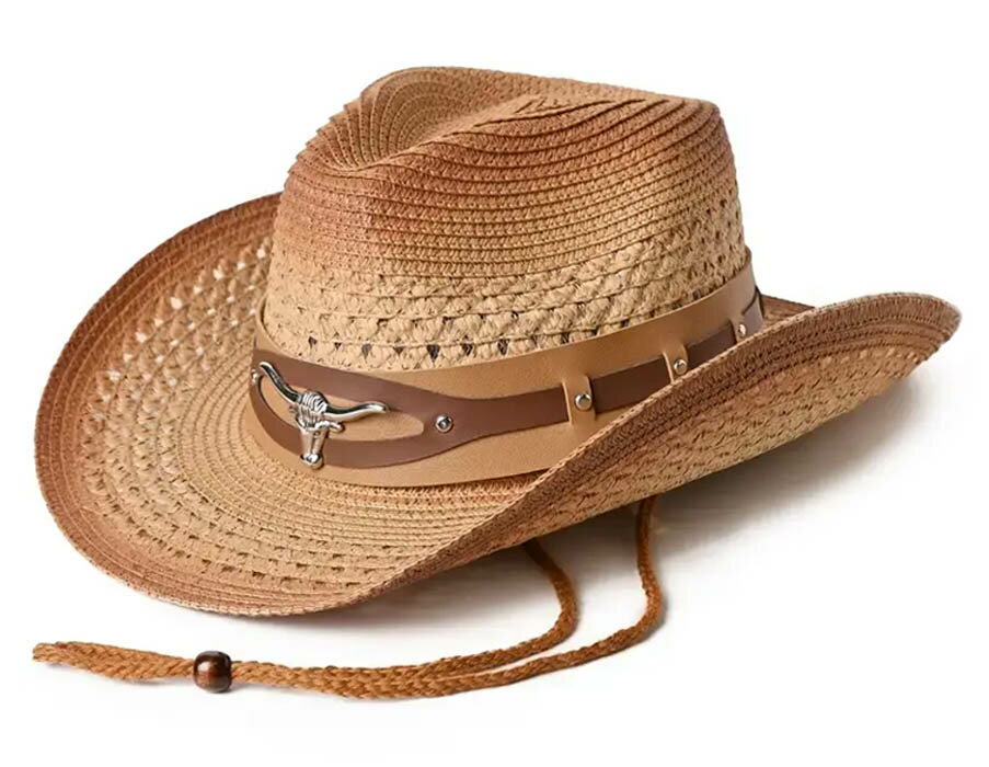 ウエスタンハット メッシュ ブルトップ 飾りベルト 茶色 ブラウン ワイヤー カウボーイ テンガロンハッ..