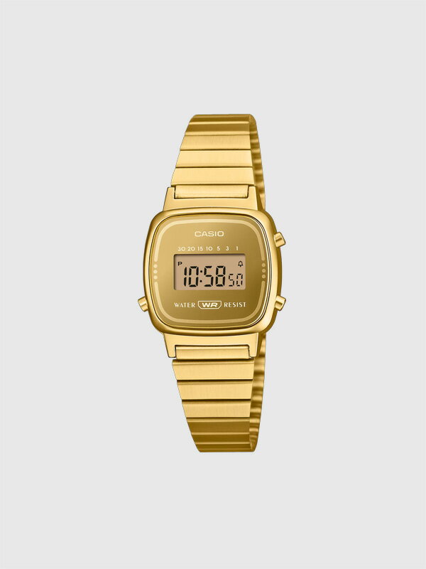 PRODUCT DESCRIPTION CASIO CLASSIC LA670WEGS-9AJF カシオ クラシック LA670WEGS-9AJF 【CASIO CLASSIC(カシオクラシック)】 CASIO CLASSICは、長年にわたって愛され続けるクラシックなデザインと、現代の技術を融合させた時計のブランドです。 往年のデザインを現代風に再解釈したスタイルで人気を集めており、あらゆる世代の人々から支持されています。 1988年の登場以来、実用性とスタイルを両立するコンパクトなデザインで、 ワークシーンから日常まで自然に溶け込むLA670シリーズ。 クリアなデジタル表示と流れるようなシルエット、コンパクトなサイズ感が毎日の着用を心地よくサポートします。 液晶ガラスには蒸着処理を施し、ケースとバンドと美しく調和するエレガントなワントーン仕上げ。 フェイス上の印字を抑えたトーンでまとめ、様々なシーンに品よくフィットします。 軽量なバンドとスリムなケースは、細い手首の方にも快適にフィットし、長時間の着用でも負担を感じにくい設計です。 日常生活用防水により、洗い物や突然の雨でも安心です。 【ストップウオッチ】 ストップウオッチ（1/10秒、60分計） 【タイマー】 プリセットタイマー（最大セット：30分、プリセットタイム：1／3／5／10／15／20／30分） 【アラーム】 時刻アラーム・時報 【カレンダー】 オートカレンダー 【精度】 平均月差：±30秒 BRAND CASIO (カシオ) DETAIL 使用電源・電池寿命：約2年 防水性：日常生活用防水 日本正規販売店 MATERIAL 素材 / ガラス：無機ガラス / ケース・ベゼル材質：樹脂 / バンド：メタルバンド / フリー式中留 生産 / 中国製
