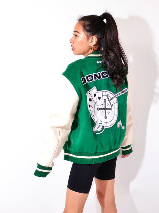 DONCARE ドンケア スタジャン メンズ レディース ブランド 大きいサイズ グリーン おしゃれ かわいい Casino Jacket LOGO VARSITY JACKET カジノ アウター ビッグシルエット ストリート スポーツ ダンス インスタ OUT-DONCARE-2 夏休み ギフト プレゼント