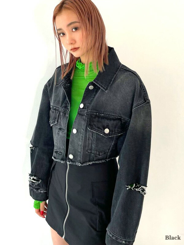 EMODA エモダ スリットスリーブデニムジャケット デニムジャケット ショート丈 袖スリット ダメージ クラッシュ加工 ジャケット おしゃれ かわいい ゆったり 大きいサイズ アイボリー ブラック インディゴ 大人 MODE モード 042320270001