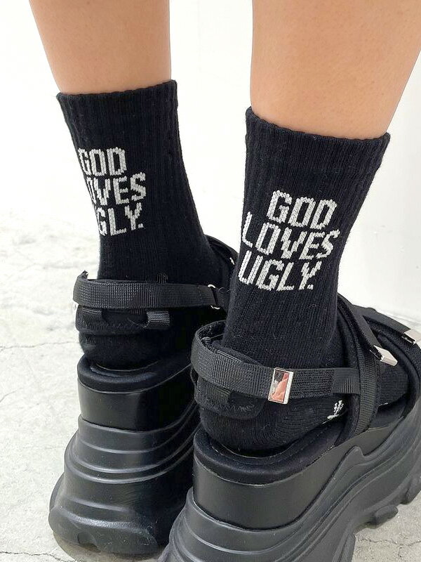 GYDA ジェイダ 靴下 レディース 黒 白 クルーソックス 可愛い おしゃれ かわいい シンプル ロゴ 文字 GOD LOVES UGLY ソックス トレードマークロゴ クロスポイント 人気 定番 ジャカード ブラック ホワイト 072421009201 母の日 ギフト プレゼント