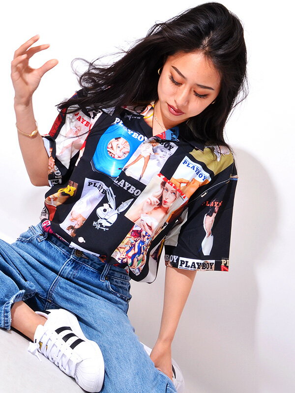 PLAYBOY プレイボーイ シャツ メンズ レディース 半袖 ポリエステル おしゃれ かわいい ブランド 大きいサイズ ビッグシルエット オーバーサイズ PLAY BOY 総柄 バニーガール ラビット ガールズフォト 柄シャツ アロハシャツ 開襟 オープンカラー ARPB-902