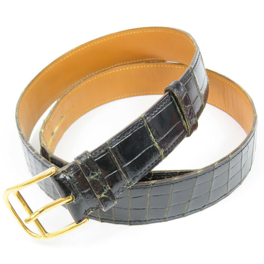 エルメス 鰐 ワニ革 G金具 85 ヴィンテージ ベルト クロコダイル ブラック 〇R刻印 メンズ【中古】 本物 HERMES