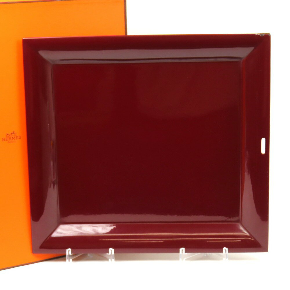 エルメス スクエア アトリウム 特大トレー 49cm×45cm トレイ 希少 レア インテリア 食器 ラッカー ボルドー【中古】 本物 HERMES