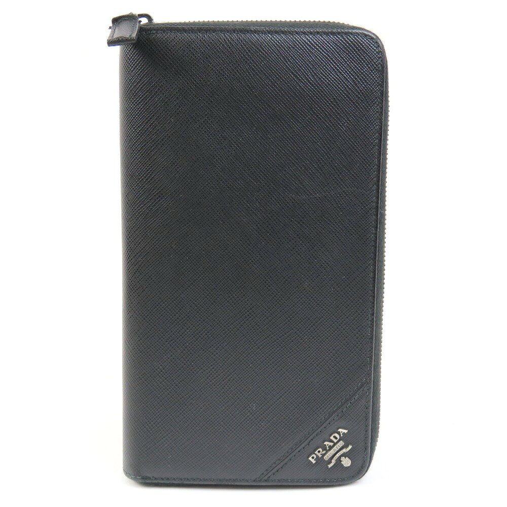 乐天商城 - プラダ ロゴ トラベルケース ラウンドファスナー長財布 サフィアーノレザー ブラック メンズ【中古】美品 本物 PRADA