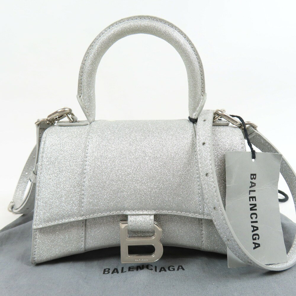 BALENCIAGA - バレンシアガ タグ付き アワーグラス XS 2WAY S金具 ハンドバッグ レザー シルバー レディース【中古】極美品 本物 BALENCIAGA
