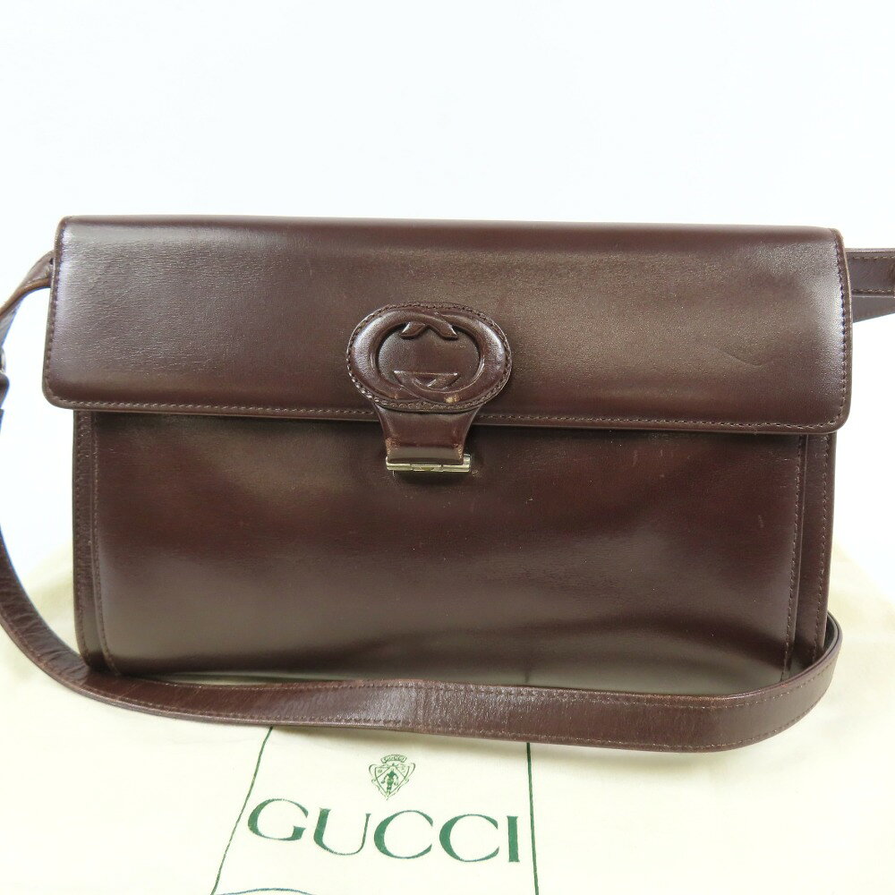 gucci///////////////\\\\\\\' - グッチ オールドグッチ インタロッキングG 2WAY 斜め掛けOK ショルダーバッグ レザー ブラウン【中古】 本物 GUCCI
