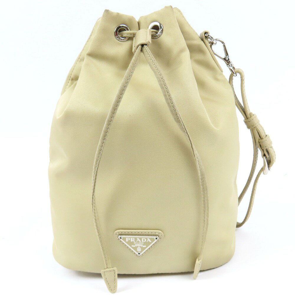 プラダ 巾着 三角ロゴ ポーチ ナイロン アイボリー レディース【中古】 本物 PRADA