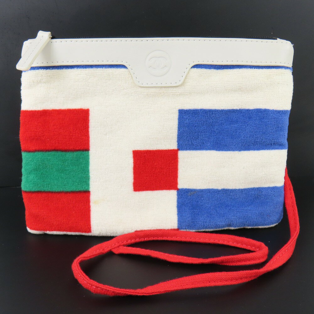 シャネル ココマーク 小物入れ コスメ 化粧ポーチ ポーチ コットン/レザー ホワイト ユニセックス【中古】美品 本物 CHANEL
