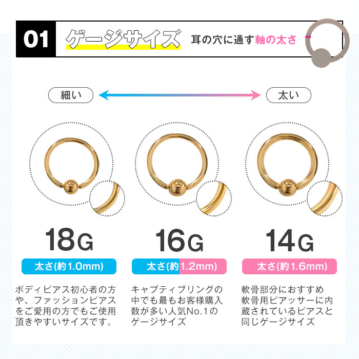 キャプティブビーズリング ボディピアス 18G 16G 14G カラー(1個売り)◆オマケ革命◆