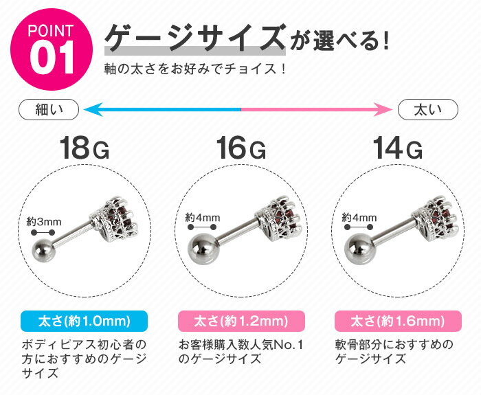 軟骨 ピアス 18G 16G 14G ボディピアス クラウントップジュエルストレートバーベル(1個売り)◆オマケ革命◆