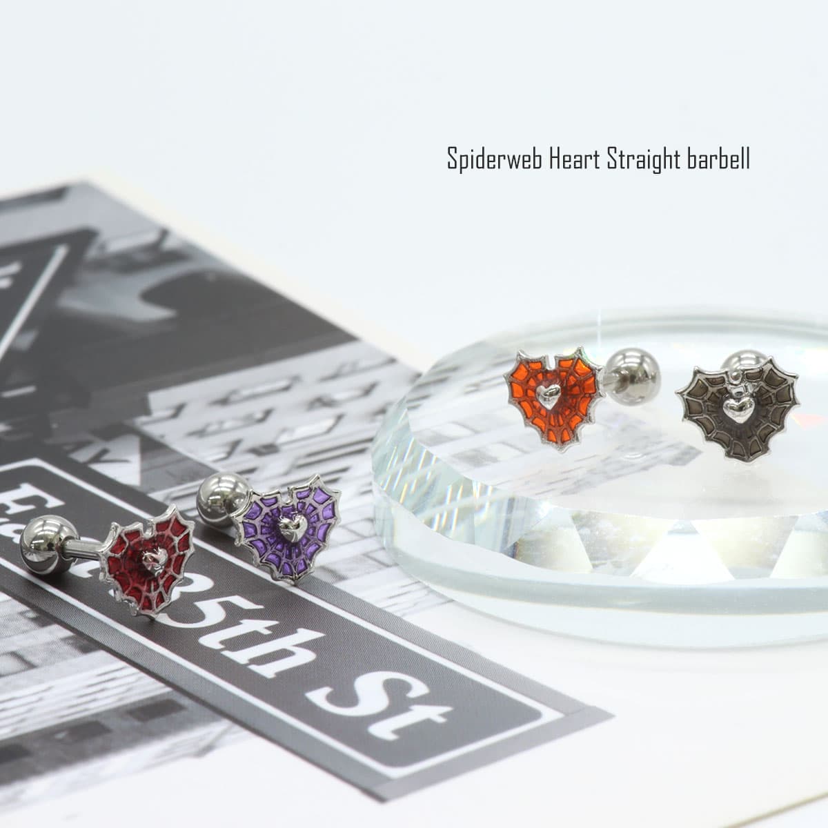ボディピアス 16G スパイダーウェブ ハート ストレートバーベル(1個売り)◆オマケ革命◆