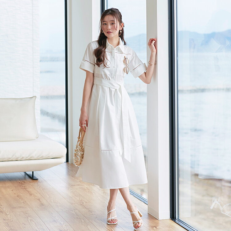 【洗える】2026春夏新作 レディース ワンピース シャツワンピース シャツワンピ ロングワンピ レース 半袖 オフィスカジュアル 通勤 ミセス 春 夏 秋 女性 服装 上品 きれいめ 大人かわいい おしゃれ フレアスカート 体型カバー ウエストゴム 即日発送 プレゼント ギフト auc-ruirue-10002599 RUIRUE BOUTIQUE サンプル画像2