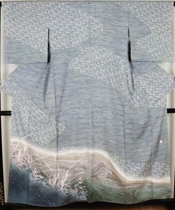 \ 20%offクーポン / 【一点物】訪問着 正絹 グレー グリーン 暈し 鱗文 飛び縞 さざ波 墨流し 流水 草花 Mサイズ ki20410 新品 公式行事...