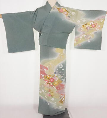 \ 20%offクーポン / 【一点物】友禅訪問着 袷 正絹 緑 花扇 Lサイズ トールサイズ ki25975 着物 レディース オールシーズン 美品 中古まと...