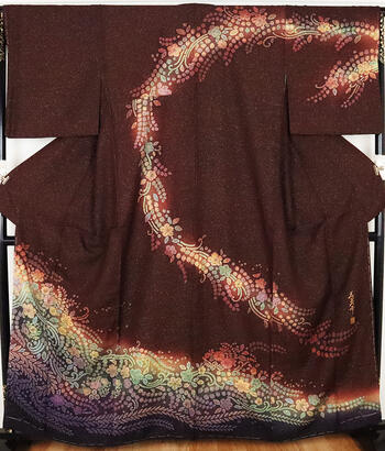 \ 20%offクーポン / 【一点物】辻が花訪問着 正絹 赤茶紫 緑 紫 暈し 金糸通し 絞り辻が花 17号 Lサイズ ki20458 新品 着物 レディース...