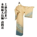 \ 20%offクーポン / 本場縞大島紬 訪問着 袷 正絹 薄緑 オレンジ 緑 さざ波 13号 Sサイズ ki28606 美品 着物 kimono ギフト レ...