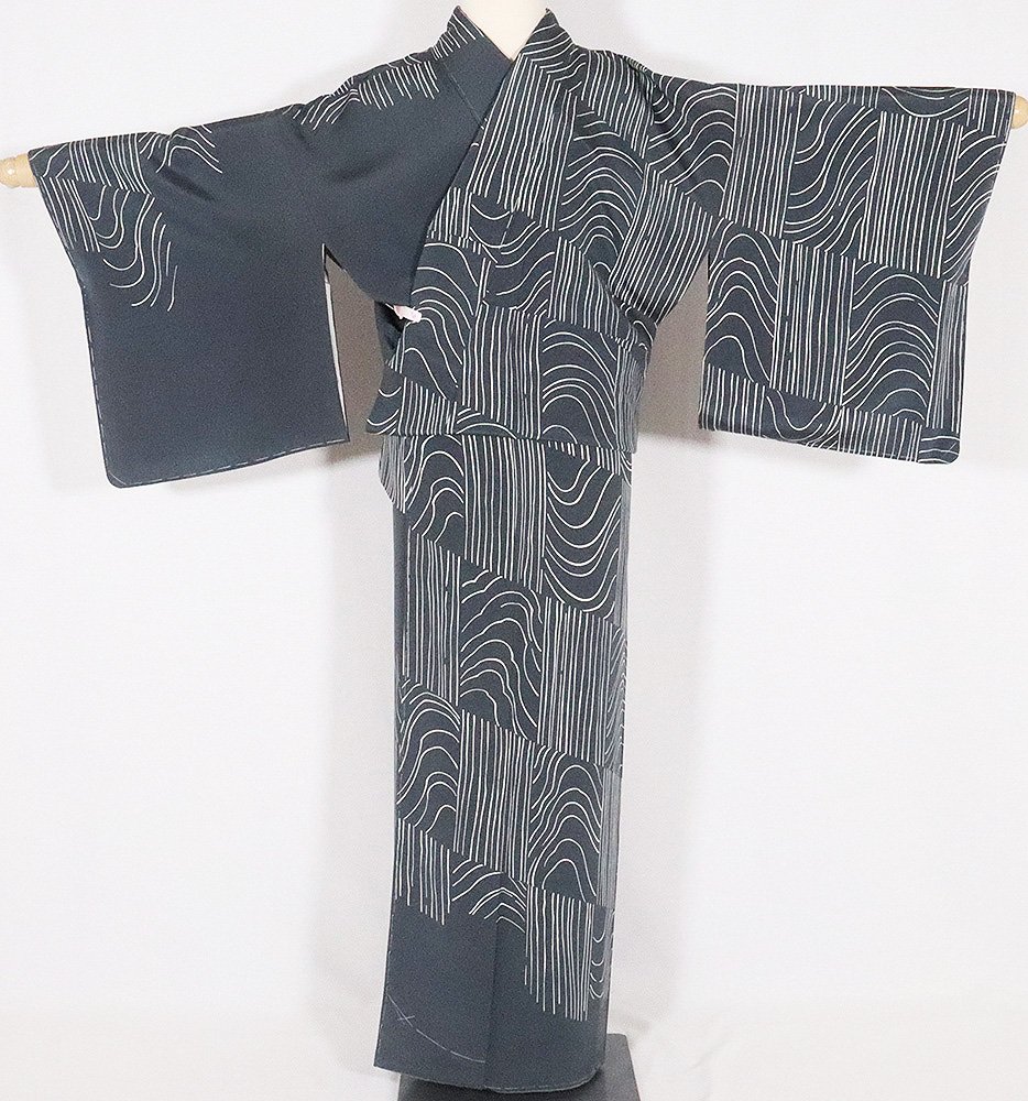 \ 20%offクーポン / 十日町友禅 田村哲彦氏作 訪問着 袷 正絹 緑 白 波 よろけ縞 Mサイズ ki26910 新品 着物 シルク オールシーズン レ...