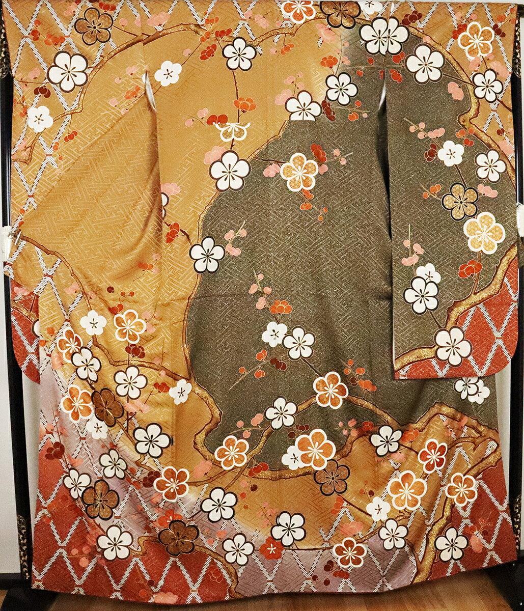 ＼ 20％offクーポン ／ ＼ 特売品 ／ 振袖 正絹 茶色 緑色 薄グレー 梅 Lサイズ ki24217 美品 着物 レディース 成人式 リサイクル 中古まとめ買い 在庫限り ギフト 激安 まとめ買い 在庫限り 当日発送 即納 最強翌日配送 送料込み