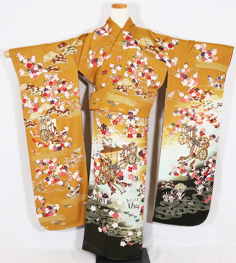 ＼ 特売品 ／ 本振袖 袷 正絹 辛子色 グリーン 緑暈し 桜 菊 松竹梅 御所車 ki27135 新品 トールサイズ Lサイズ レディース 成人式 卒業式 オールシーズン まとめ買い 在庫限り ギフト 激安 まとめ買い 在庫限り 当日発送 即納 最強翌日配送 送料込み