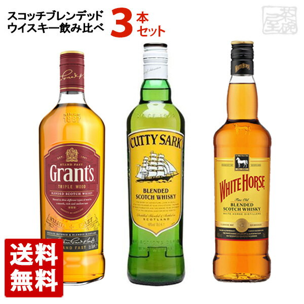 スコッチブレンデッドウイスキーの飲み比べができるセットです。 ロックやハイボールで飲みたい方にオススメ。 ギフトボックスでお届けするため、お祝いのプレゼント、日頃お世話になっている方へのギフト、お中元やお歳暮の贈り物等にオススメです！ グランツ トリプルウッド 40% 700ml ヴァージンオーク樽、アメリカンオーク樽、リフィルバーボン樽の3種類の樽で熟成された原酒をブレンドしています。老舗ウイスキーメーカー「ウィリアム・グラント＆サンズ社」を代表する世界販売量第3位のブレンデッドスコッチブランドです。 カティーサーク 40% 700ml スペイサイドのモルトを中心に穏やかなグレーンが ブレンドされています。エレガントで優しい味わいと、まろやかなブーケが香ります。 ホワイトホース 40% 700ml 創業者であるピーター・マッキーがラガヴーリン蒸留所のオーナーでもあった事から、 個性の強いアイラモルトを中心にブレンド。花や蜂蜜を想わせるフレッシュな香り、まろやかさ、ドライさのバランスがとれた上質な味わい。 スコッチ ブレンデッドウイスキー 飲み比べ 原産国 イギリス 生産地 スコットランド アルコール度数 それぞれ40％ 容量 それぞれ700ml 状態 瓶のみ 保存方法 直射日光・高温多湿を避けて保存してください。また開封後はお早めにお召し上がりください。 画像について 掲載画像と実物はデザイン、ビンテージ、ラベル等が異なる場合があります。 注意1 当店の商品は、実店舗また当店HPとの共有在庫の為、 在庫切れとなりご迷惑をお掛けする場合があります。 注意2 また突然のラベル、容量、度数等の 変更がある場合もあります。あらかじめご了承ください。 注意3 ディスプレイ画面等の環境上、ページと実際の商品の色・型とは多少違う場合がございます。 スコッチブレンデッドウイスキー 飲み比べを贈りませんか? お誕生日、内祝い、成人、婚約、出産、結婚、入学、卒業、就職、昇進、退職、開店、還暦といったお祝いのプレゼント、日頃お世話になっている方へのギフト、お中元やお歳暮の贈り物、各種記念品やパーティー等にオススメです。 また当店ではウイスキーやスピリッツ、リキュール等の洋酒や日本酒、焼酎、おつまみを各種取り揃えております。お酒でお悩みの際はお気軽にお問い合わせください。スコッチブレンデッドウイスキー 飲み比べ 3本セット ブレンデッド・ウイスキーとは、モルトウイスキー原酒とグレーンウイスキー原酒をブレンドしてつくったウイスキーです。シングルモルトは癖が強く、好き嫌いがはっきりしやすいですが、ブレンデッドは味の調和を図った癖の少ないウイスキーのため、飲みなれていない方やハイボール等を好む方におすすめです。