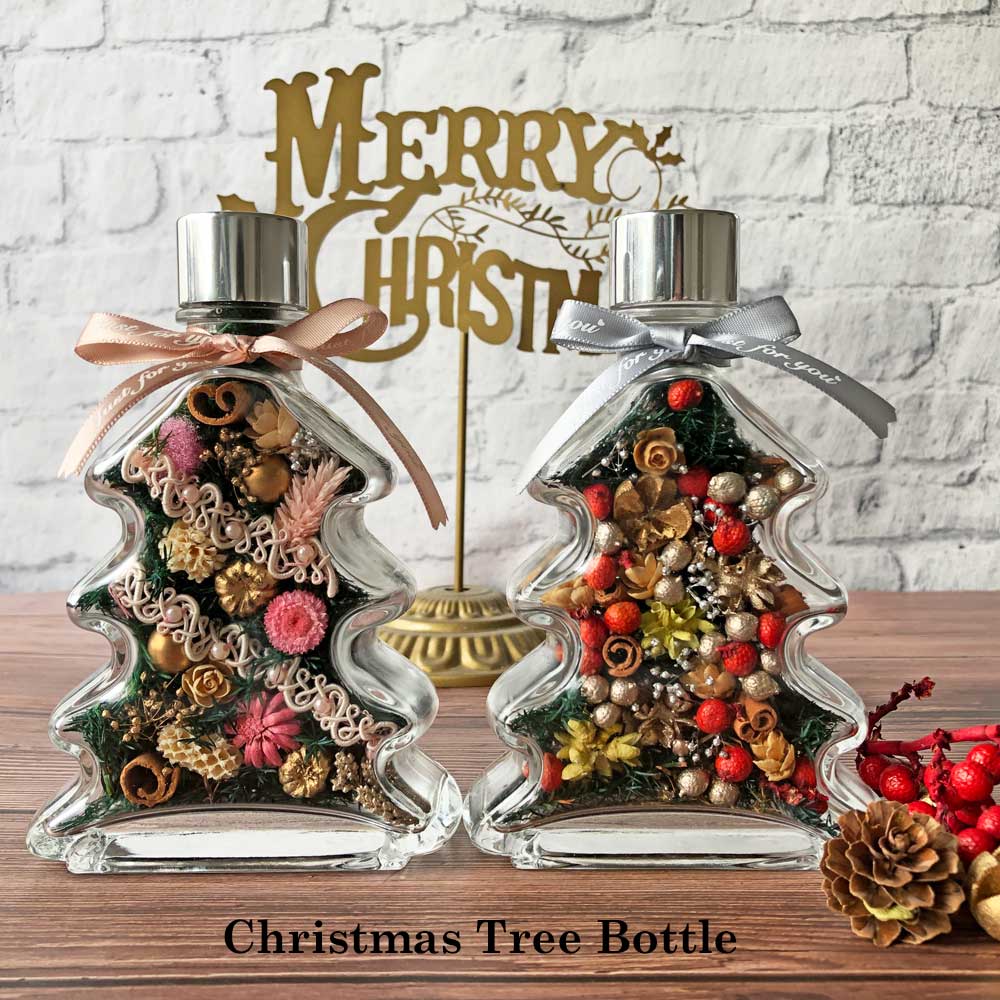 クリスマスカード付きクリスマスボトル　ハーバリウム（オイルなし）クリスマスツリーボトル　ツリー型ボトル　ギフト　プレゼント　女性　インテリアのサムネイル
