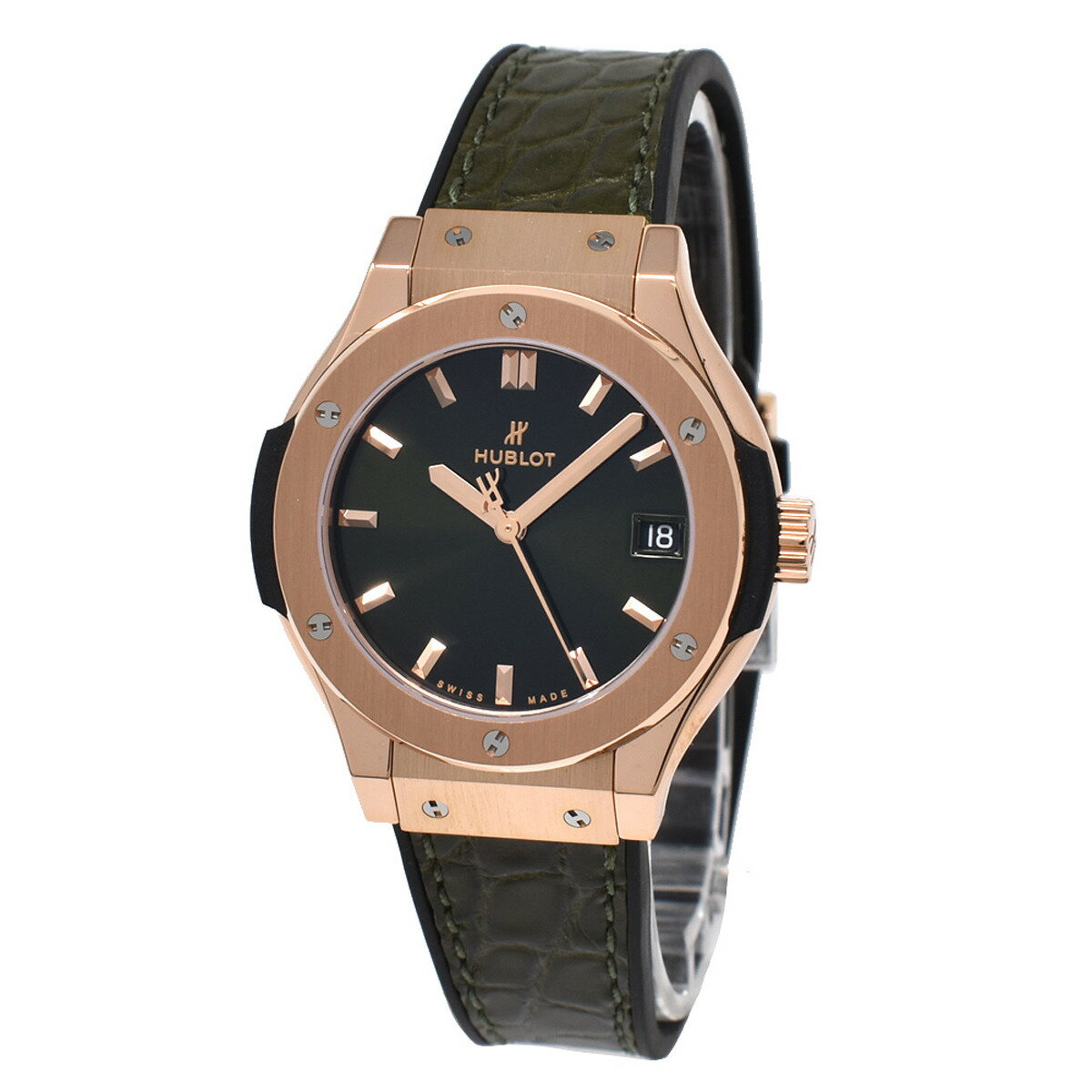 HUBLOT ウブロ 腕時計 女性用 金無垢 CLASSIC FUSION クラシック フュージョン 581.OX.8980.LR キングゴールド レディース ウォッチ アナログ クォーツ ワニ革 ラバー ベルト グリーン