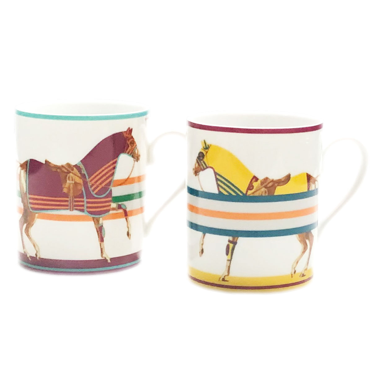 エルメス 食器 ペア マグカップ HERMES 050431P CHEVAL A LA COUVERTURE シュバル ラ クーベルチュール 馬着 マグ セット レッド系マルチカラー＋イエローマルチカラー