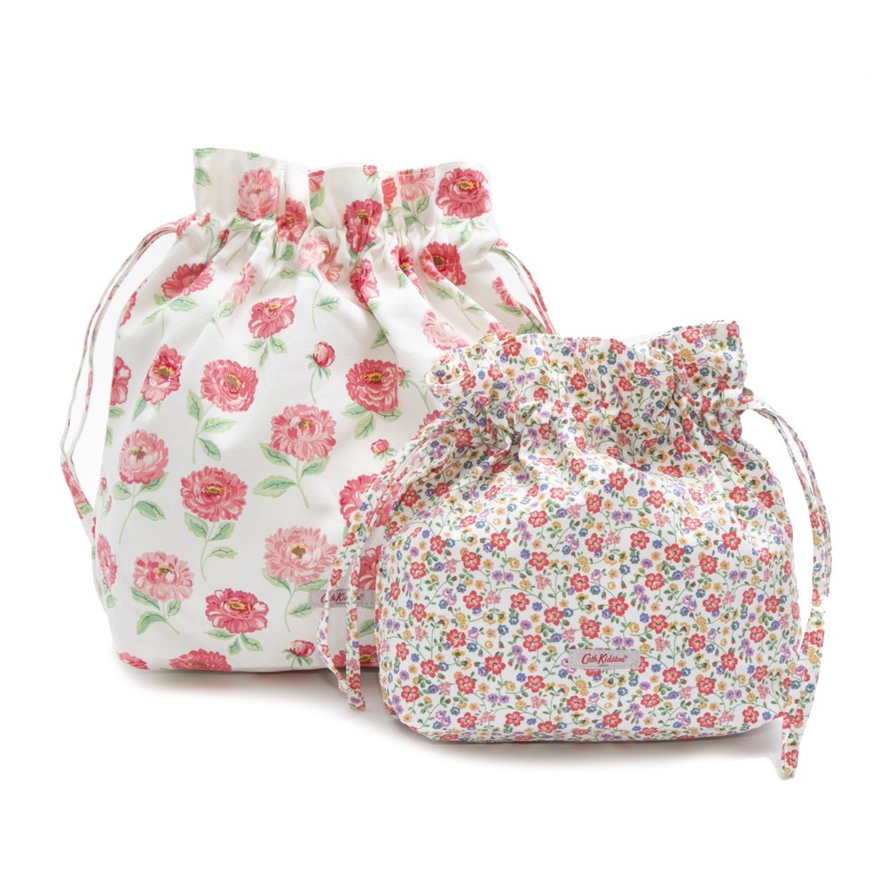 キャスキッドソン Cath Kidston ポーチ 巾着 小物入れ 二点セット 1010398 106135318106102 THE LITTLE HITCH POUCHES DAHLIA リトル ヒッチ ポーチ ダリア CREAM ホワイト系＋ピンク系フラワー柄