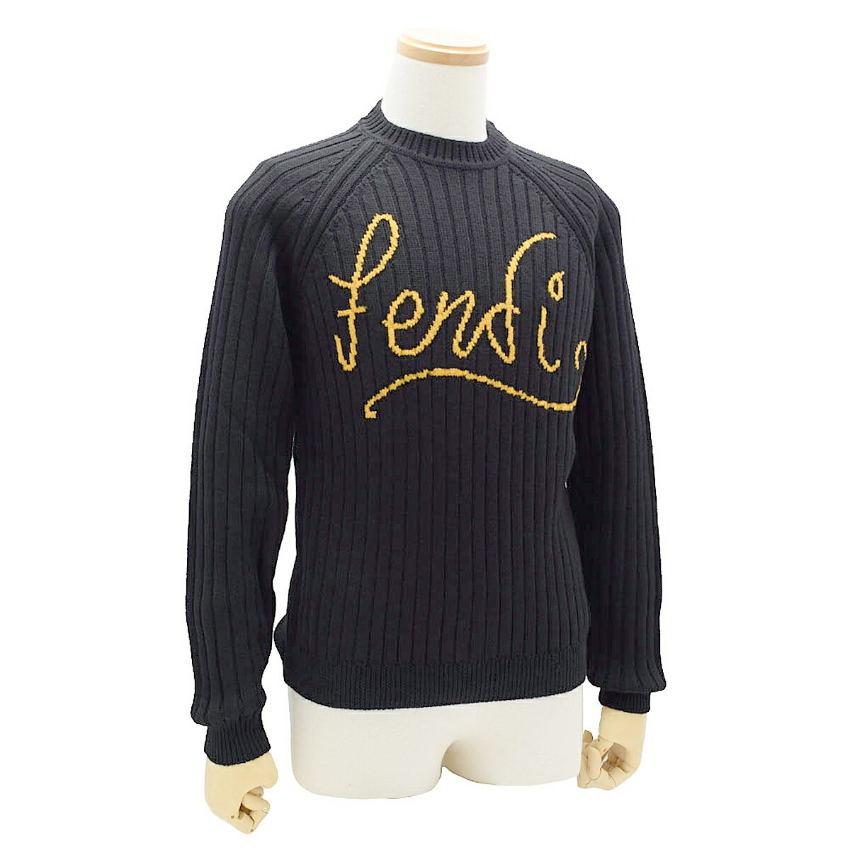 フェンディ FENDI セーター FZY451 AH33 F13HJ トップス ロゴ ニットセーター ウール メンズ ブラック＋イエロー系 46 48 50 52