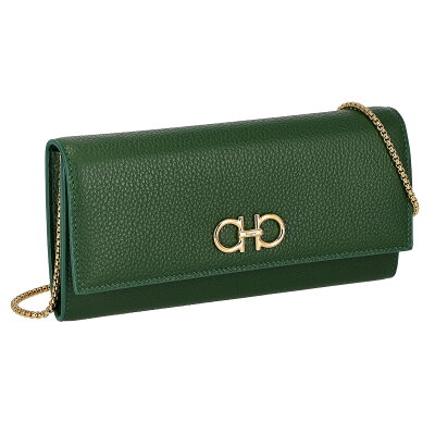 フェラガモ Ferragamo 財布 長財布 フラップ式長財布 かぶせ 小銭入れ付き 220636 775062 チェーンウォレット お財布ショルダー ダブルガンチーニ レディース FOREST GREEN グリーン 本革 レザー