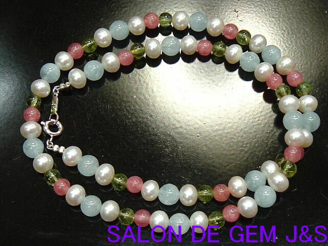 楽天SALON　DE　GEM　J＆S【製作元直販】【SV：高級天然アクアマリン/ナチュラルホワイト系パール/インカローズ/ぺリドット デザインネックレス】【A6.0mm/P6.0mm/R5.0mm/P5.0mm】（長さ：約44cm） 【当店オリジナル商品】【収納化粧箱付】【赤字大処分】【送料無料】【楽ギフ_包装】