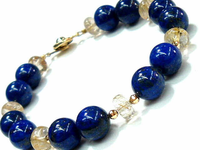 【製作元直販】【18金】【高級天然ラピスラズリ(瑠璃)&天然ゴールデンルチルクォーツ&K18ミラーボール 2026年開運ブレスレット】(L10.0mm/R 8....