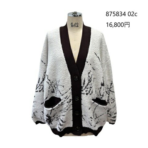 送料無料 アヤン ayane ニットジャガードモフモフカーディガン レディース 875834 25秋冬 羽織り ライトダウン オーバーサイズ 大人可愛い フェザーニット 配色ライン 長袖 OFF