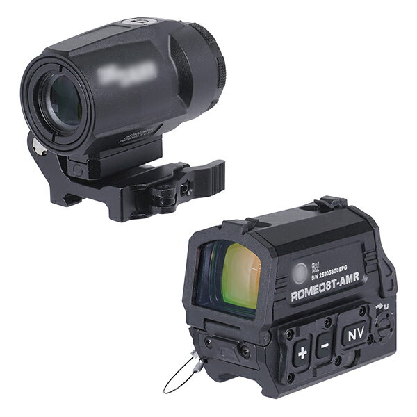 SIG SAUER社製 リフレックスドットサイト ROMEO8T AMRと、 ドットサイトに約3倍の倍率を付加しミッドレンジスコープとしての活用を可能とする JULIET3T AMR マグニファイアをモチーフに製作されたドットサイトセットで...