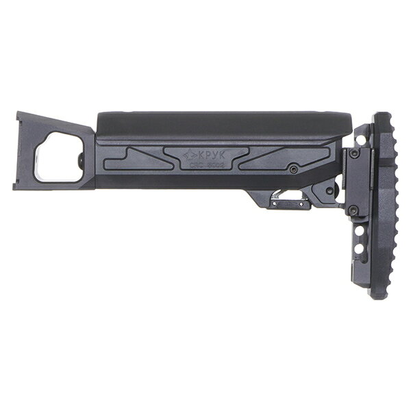 ウクライナ銃器アクセサリメーカー КРУК(crook)社が AKプラットフォーム向けに開発・販売を行っているCRC5002 Folding Buttstockを再現した商品です。 本商品は、CYMA、LCT、GHK 製AK74のフォールディングストックを備えるモデルに対応するテレスコピックストックとなり、 軽量かつ耐久性の高いアルミニウム合金材を主材とし、 CNC切削で製作されたシャープな仕上がりとなっています。 ストック各部は調整機能が再現されており、 伸縮、折り畳み、チークレストの位置調整が可能で、 軽量かつ優れた機能性が備わるストックとなっているため、 カスタムガンの構成に役立つデザインとなっています。 全長：約 220-287mm 重量：約 478g 主要素材：アルミニウム合金、スチールなど 対応：CYMA、LCT、AK74シリーズ及び、 　　　GHK ガスブローバック AK74(V2)シリーズ ※GHK AK GBB系の対応については、V2モデルが対応となります。 ※取り付けるエアガンの種類や個体差によって、 　また対応するとされている場合であっても 　取り付けやご使用には加工・調整が必要となる場合がございます。
