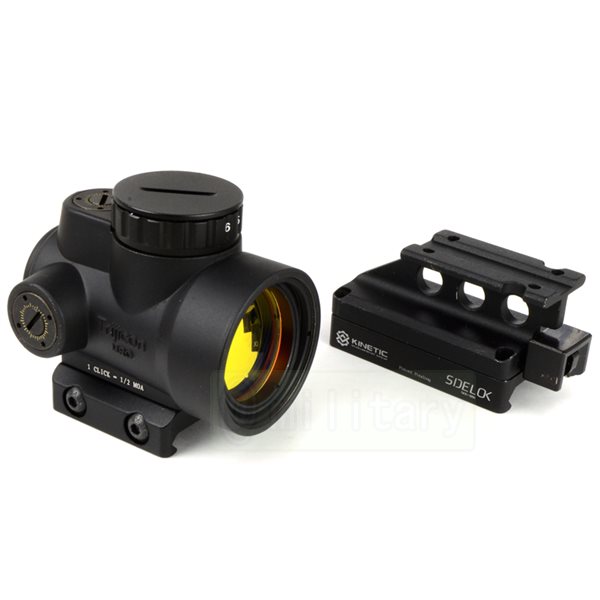 Trijicon MRO ドットサイトを再現した商品。 チューブタイプのドットサイトで、多くのエアガンにご活用いただけます。 ドットカラーはレッド。 マウントは20mmレール対応。 通常のローマウントの他、 KINETIC SIDELOK タイプのハイマウントが付属しています。 使用電池：CR2032 x1個（商品に電池は付属しません）　