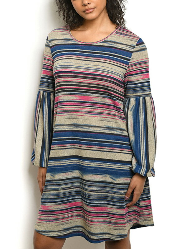 ストライプ柄長袖ニットドレス・ブルー ワンピース