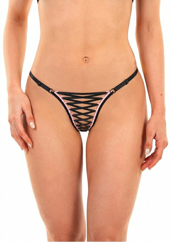 SANNAS サナス フロントレースアップセクシー Tバック ドット柄 日本製 黒 ショーツ ブラジリアンローライズタンガ 下着 パンティ セクシー系 水着インナー アンダーショーツ フリーサイズ