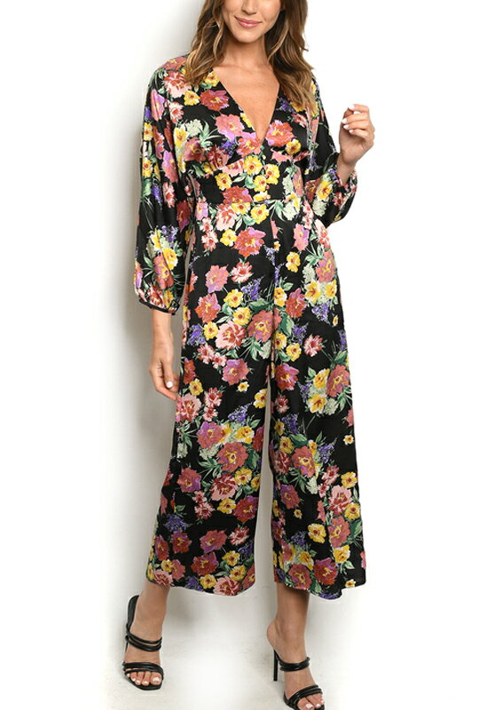 花柄プリントワイドジャンプスーツ ブラック 黒 オールインワン