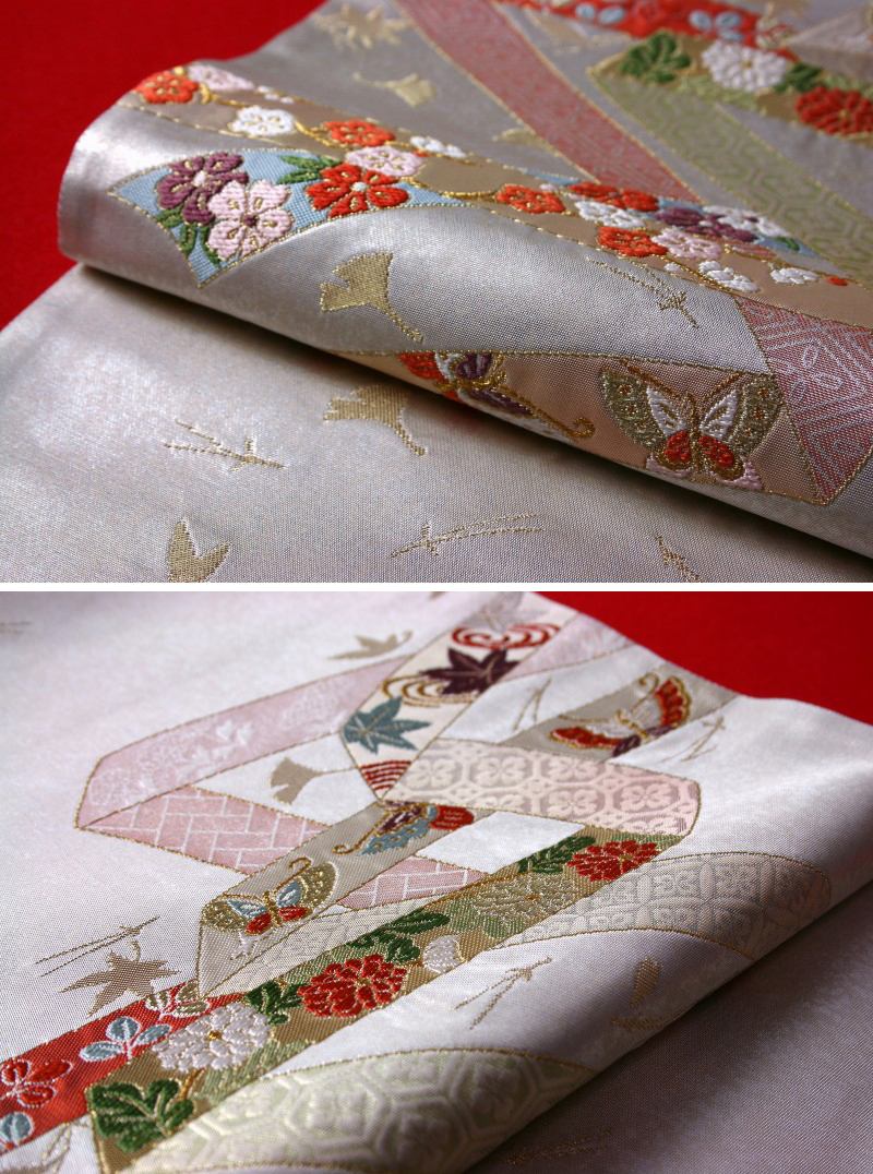 袋帯【送料無料】【お仕立て付き♪】【在庫処分特価】別注　西陣織「紫絋」謹製　引箔地　高級袋帯（お太鼓柄）かずら帯風流し　銀色【礼装/フォーマル/レディース着物/和装】