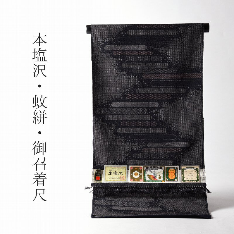 本塩沢　単衣フルオーダーお仕立て付き　蚊絣　やまだ織　黒色　霞風　お洒落着物　【着物/和服/遊び着/カジュアル】【裄70.5cmまで】　送料無料