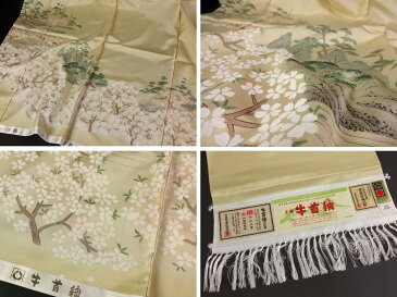 カジュアル訪問着 【フルオーダー手縫いお仕立て込み・パールトーン加工込み・オゾン洗い込み】牛首紬 三里が伝えた粋 白山工房手織 最高級のお洒落訪問着 日本庭園・桜・松/クリーム色